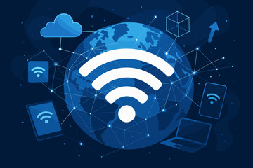 Poster - Global Wireless Technology Concept with WiFi Networking, High-Speed Internet, Cloud Computing, Blockchain, Digital Devices, Global Network Connections, Cyberspace Communication Background