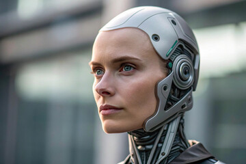 Poster - Futuristic humanoid with robotic implants looking ahead in an urban environment showcasing technological advancements