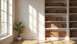 © Vadym - Sunlit elegant home library with window, bookshelves. Empty room background for zoom, virtual meeting. Sunny interior with books, plant, wooden floor. Cozy background for study.