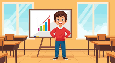 Poster - Cheerful Young Boy Standing Proudly Before Growing Bar Chart in Classroom