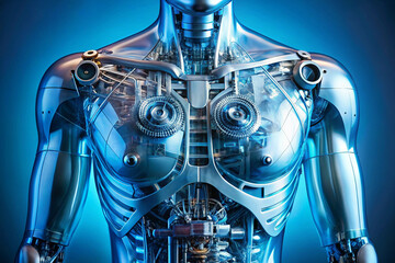 Poster - Intricate metal android showcases futuristic technology with a sleek design on a vibrant blue background.