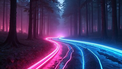 Poster - Surreal night forest landscape. Pink blue neon light waves flow through dark trees. Fantasy scene with vibrant digital art, abstract glow. Magical energy, futuristic wallpaper, glowing illumination.