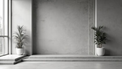Poster - Minimalist modern interior with gray concrete wall. Tropical palm plants in white pots create fresh design. Clean lines, geometric shapes. Empty space for product presentation, modern design.