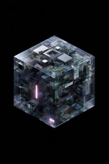 Fototapete - A cube made of computer parts is shown in a black background. The cube is made of glass and has a neon light inside. The image has a futuristic and technological feel to it
