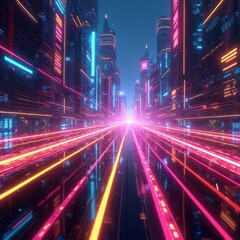 Poster - Futuristic digital cityscape explodes with vibrant colors, modern tech, data flow through futuristic urban environment. Interconnected network, innovation, communication, city transformation. Neon