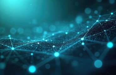 Poster - Abstract digital network, interconnected points lines, turquoise, dark blue tones, dynamic structure. Modern tech, data visualization, futuristic design, innovation, connectivity, communication, web,
