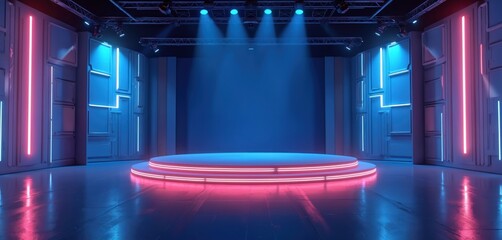 Leinwandbilder - Modern virtual TV show background with neon light. Stage set with green screen for tech infomercials or launch events. 3D rendering backdrop is suitable for VR tracking system, broadcast, live.