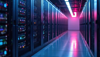 Poster - Data center servers rack units with cloud computing, cybersecurity technologies. Network infrastructure, big data storage, internet tech. Data protection, server room, data processing, information
