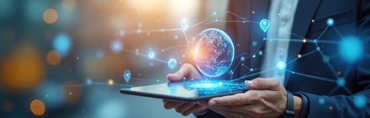 Poster - Businessman uses tablet control delivery business network distribution import export. Global logistics transport technology management system concept. Worldwide connections, international commerce,