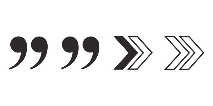 Black quotation marks and chevron arrows pointing right isolated on white background