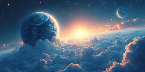 Canvas Print - whimsical illustration planet earth from space in soft colors. stunning cosmic scene of planet, moon
