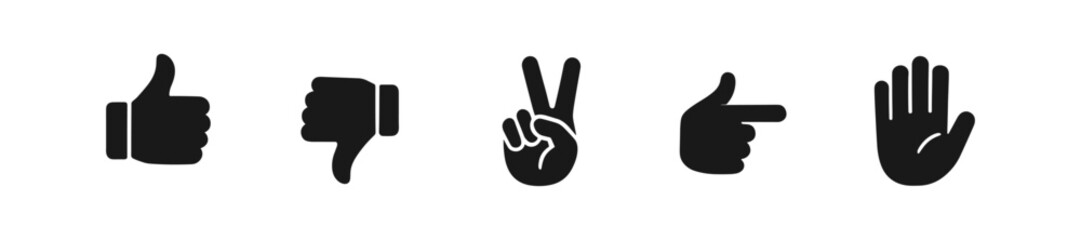 Poster - Hand gesture silhouette icon set. thumbs up, peace signs gesture icons collection