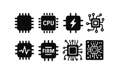 Poster - Technology and circuit solid icon set. electronics, cpu, microchip graphic icons