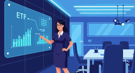 Poster - Businesswoman Analyzing Etf Data Displayed On A Digital Screen In Office