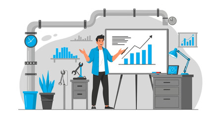 Poster - Man Presenting Growth Chart in Modern Industrial Office Environment