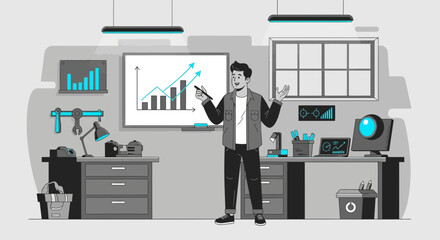 Poster - Presentation Of Progress Analysis With A Professional Cartoon Man At Office