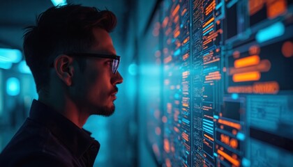 Poster - Businessman using AI tech for cybersecurity, analyzing data, enhancing threat detection. Proactive encryption solution, safeguarding privacy. Modern tech, data, system protection.