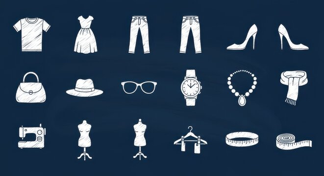 A collection of 16 distinct, white, flat-design icons rendered in a chalk-drawing style, on a navy blue blackboard background. Each icon represents a popular fashion or apparel theme. 