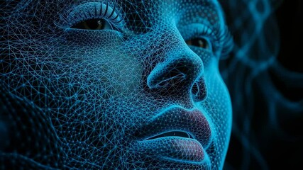 Poster - Woman face AI digital mesh wireframe. Artificial intelligence technology, deep learning, metaverse virtual reality visualization footage.