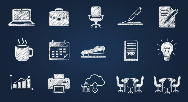 A collection of 12 distinct, white, flat-design icons rendered in a chalk-drawing style, on a navy blue blackboard background. Each icon represents a popular office or business theme. Maintain a clean