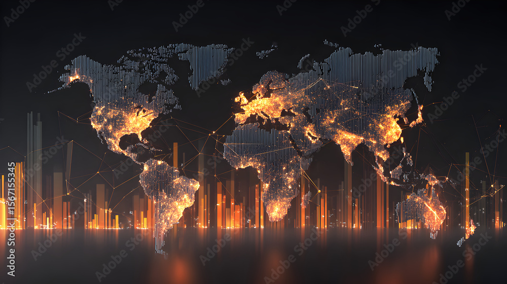 Illuminated world map with glowing cities and rising bar graphs against ...