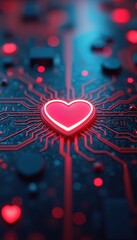 Poster - Glowing heart on circuit board digital love concept. Tech background for Valentine Day, tech. Futuristic design with neon elements, electronic innovation, global connection.