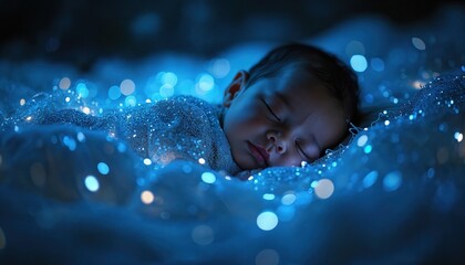 Fototapete - Sleeping baby enveloped digital mesh, bokeh lights. Serene, futuristic ambiance. Dark blue wireframe. Tech, infancy concept represents technology impact future children. Newborn, dream state.