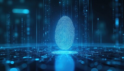 Poster - Digital fingerprint on blue background, data elements representing security tech. Glowing biometric identification, network encryption, software interface, design, pattern, abstract. Concept of