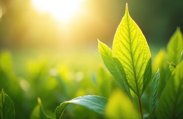 Poster - Green leaf in garden during summer day. Fresh green leaves plants as spring background cover. Greenery environment ecology wallpaper. Sunlight creates shadows, backlighting on leaf vein structure.