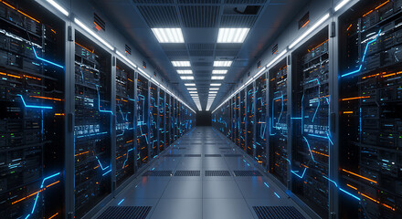Poster - data center interior: a striking, symmetrical perspective of a modern data center's internal network