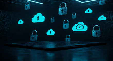 Poster - Cloud Security: Futuristic visualization of digital safety with a luminous display of padlocks and clouds floating in a dark setting, a stark reminder of security in modern tech era.