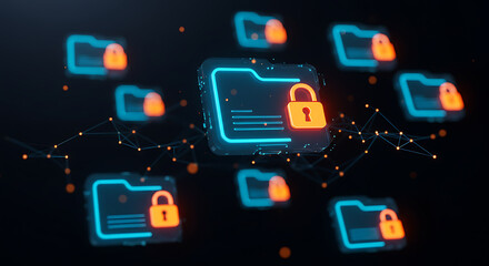 Poster - Digital Security: A collection of secure data folders linked by digital connections, representing data protection and privacy in the digital world.