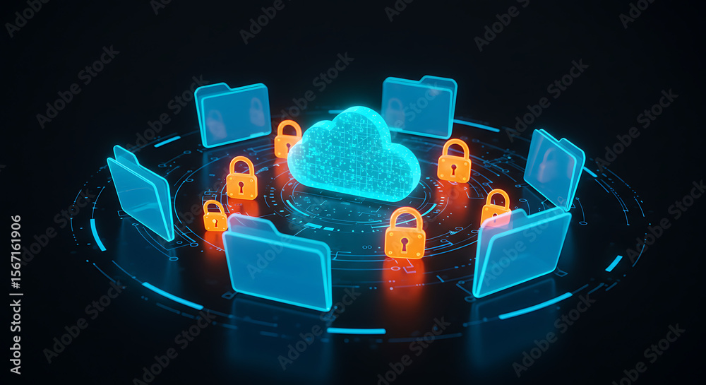 Secure Cloud Storage: A glowing cloud icon surrounded by folders and ...