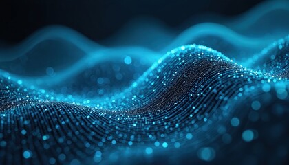 Fototapete - Abstract blue light grid forming flowing wave pattern. Modern digital tech design background with glowing network connection surface. Futuristic concept for tech, science, data visualisation.
