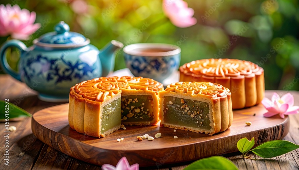 Plating Flaky Lotus Seed Mooncakes. Traditional Chinese Dessert Stock ...