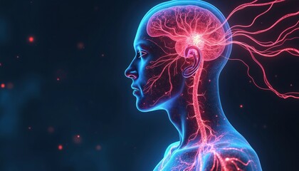 Poster - Futuristic abstract illustration of human brain nerve system, glowing energy lines, neon style. Conceptual science, tech, medicine, biology, healthcare. Medical research, innovation, neural network,
