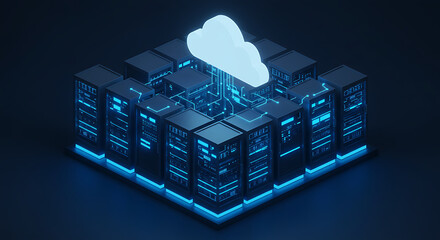 Poster - Cloud Computing Technology: A futuristic depiction of cloud computing, with digital servers connected and interacting with a stylized cloud, representing seamless data storage and transfer.