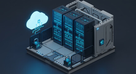 Poster - Cyber Fortress: A futuristic depiction of a digital server room, showcasing data security and technological advancement, with an illuminated cloud icon suggesting cloud computing. 
