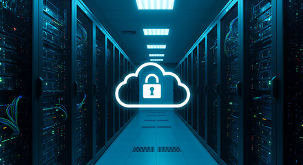 Poster - Cloud Security: The image embodies the concept of cloud security, depicting a secure, locked cloud icon within a server room, symbolizing data protection, safe data storage.