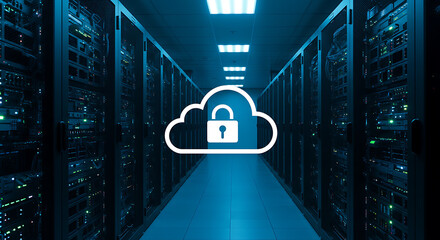 Poster - Cloud Data Security: An inviting perspective into a server room with cloud data security symbol symbolizing the safekeeping of vital digital assets.
