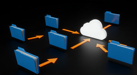 Poster - Cloud Data Connection: This visual portrays a network of digital folders seamlessly connected to a cloud server. It's a symbolic representation of data accessibility and online storage. 