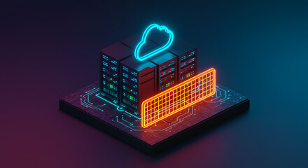 Poster - cloud computing and cybersecurity: a futuristic scene featuring a server farm protected by a neon ba