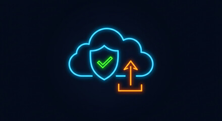 Poster - Cloud Security Icon: Illuminated neon cloud featuring a shield with a checkmark and upward arrow, symbolizing secure cloud data uploads and protection against cyber threats. 
