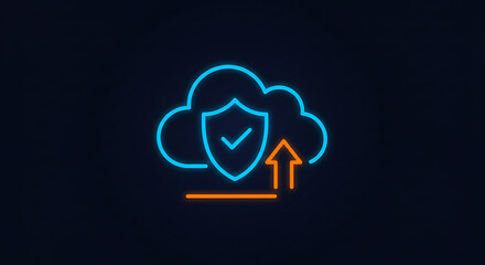 Poster - Secure Cloud Upload: A vibrant neon graphic depicting a cloud with a shield and checkmark, symbolizing secure data upload to the cloud.  
