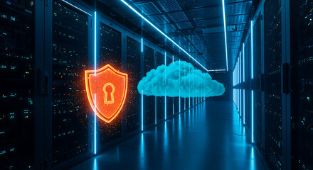 Poster - Digital Fortress: An illuminated cloud and shield with a lock symbol stands as a beacon of security, highlighting a data center where information is kept safe with modern technology.