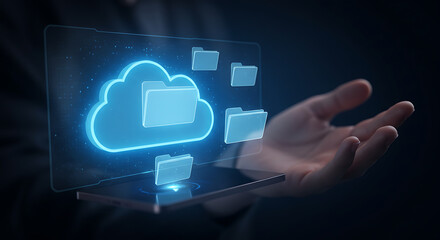 Poster - Cloud Storage at Your Fingertips: A hand cradles a glowing cloud, symbolizing the seamless access to digital information, representing connectivity and technological advancements.