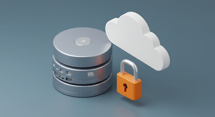 Poster - Digital Fortress: An illustrative depiction of data security, with a metallic hard drive guarded by a lock, cloud symbol.