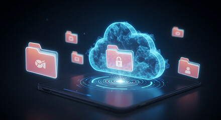 Poster - Secure Cloud Storage: A digital depiction of secure cloud storage with a luminous cloud icon, files, and folders, symbolizes data protection and accessibility in the modern era.