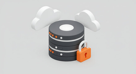 Poster - Cloud data with Lock: Illustrative 3D data tower, accompanied by soft white clouds and secured with orange lock, symbolizes secure cloud data management.