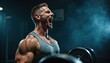 © Vadym - Muscular man shouts lifting weights in gym. Intense workout, strength, determination, fitness. Bodybuilding, fitness, sport, energy, power, hard work, dedication, effort.